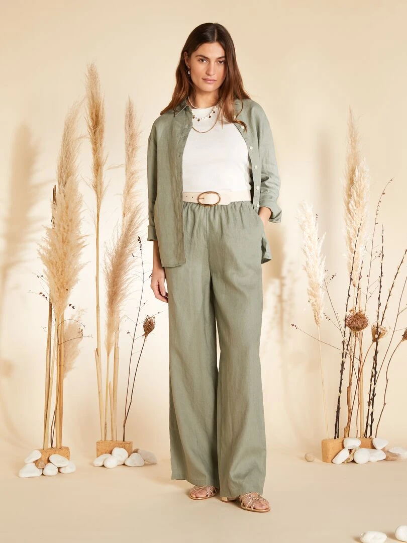 Chemise ample en lin à manches longues Kaki