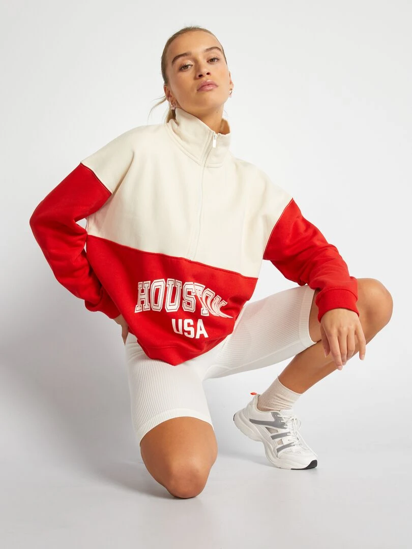 Sweat à col zippé Beige/rouge
