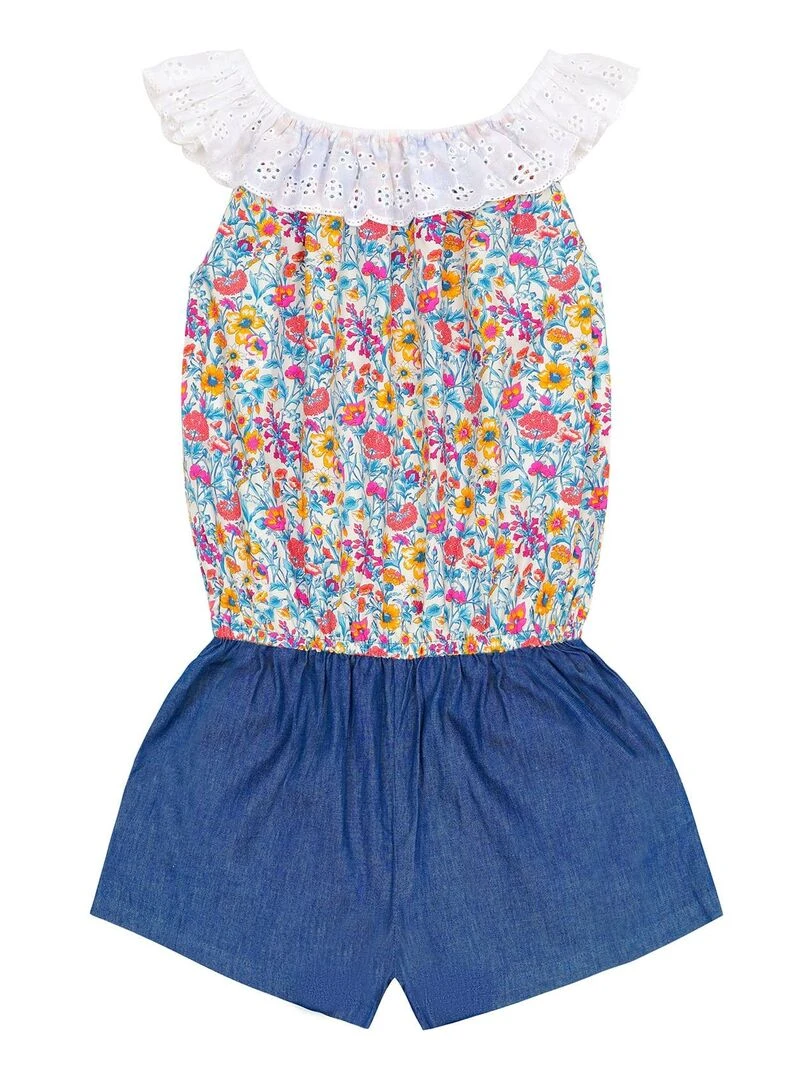 Combi Short Été Fille  Col Élastique  Liberty Fleuri Bleu  LOLITA   La Faute à Voltaire   Bleu Rose Blanc