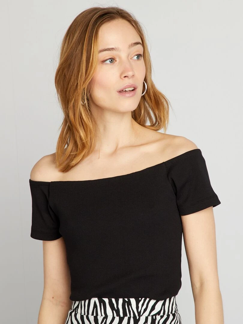 T shirt bardot en maille cotelée noir