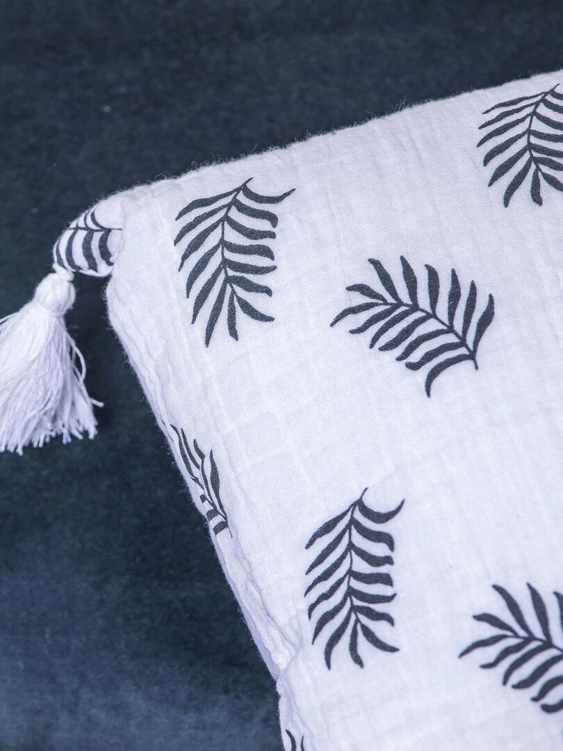 Coussin en double gaze de coton avec imprimé feuillage 'Deko&co'   Blanc Gris anthracite