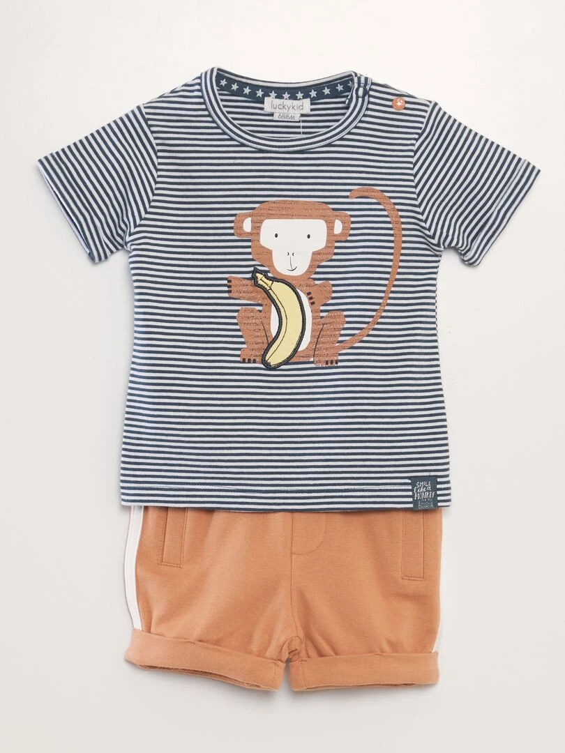 Ensemble t shirt + short fantaisie 2 pièces Bleu/marron