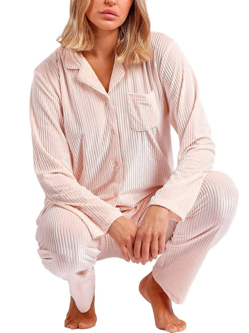 Pyjama velours tenue pantalon chemise Elegant Stripes   Rose