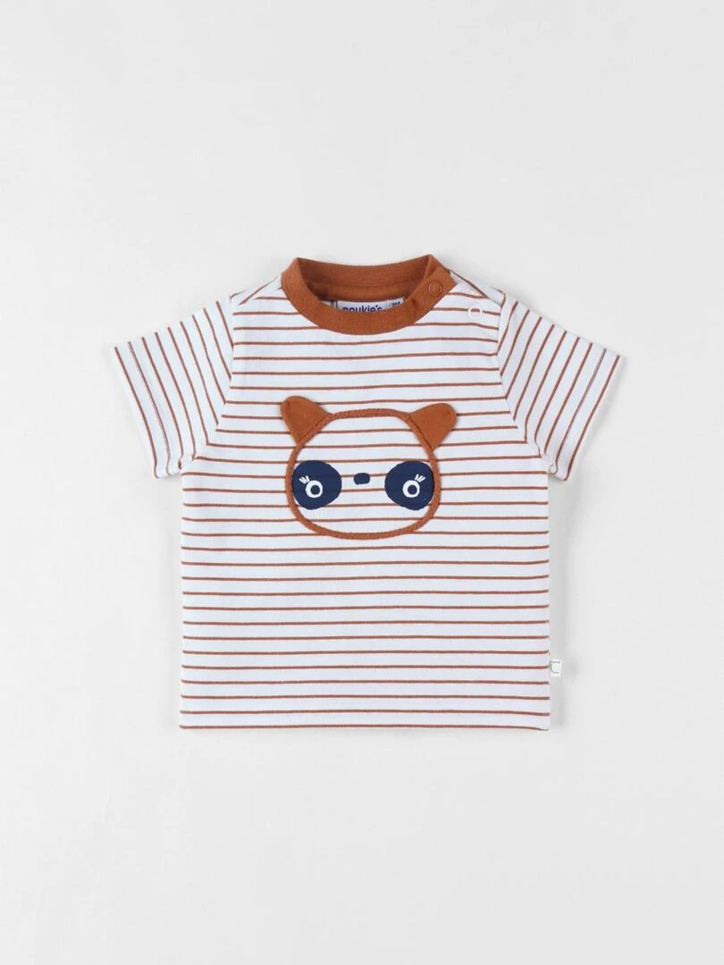 T shirt rayé panda à manches courtes écru/caramel Noukie's Blanc