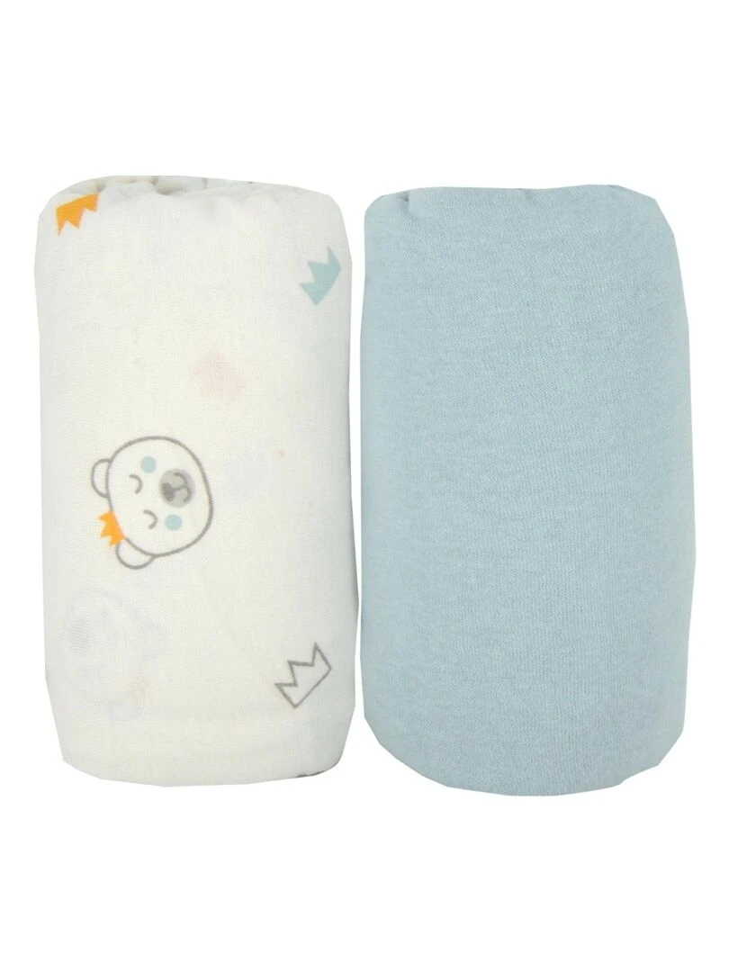 Lot de 2 draps housses 60x120 cm   Ours + Bleu   Gris Bleu