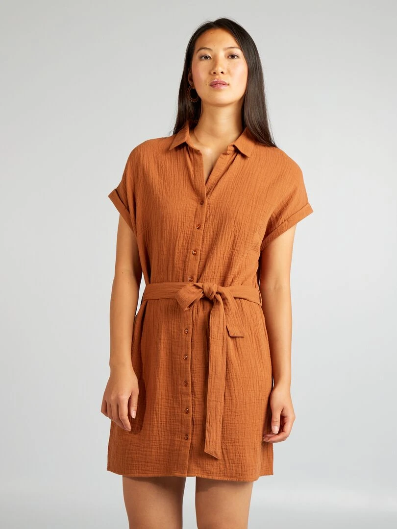 Robe courte forme chemise en double gaze de coton   Marron