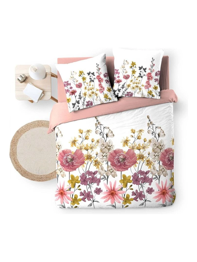 Housse de couette 260x240 + 2 taies Rosine double gaze de coton 57 fils   Rose