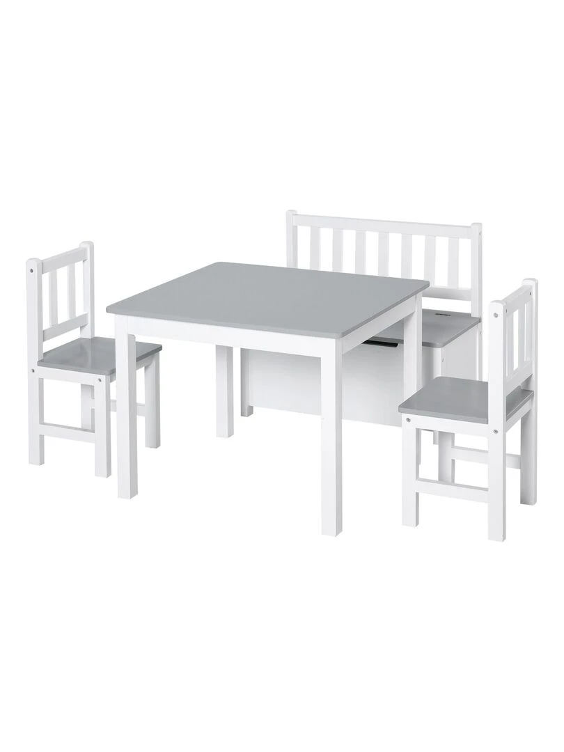 Ensemble table chaises enfant set de 4 pcs table 2 chaises banc coffre 2 en 1 MDF pin Gris
