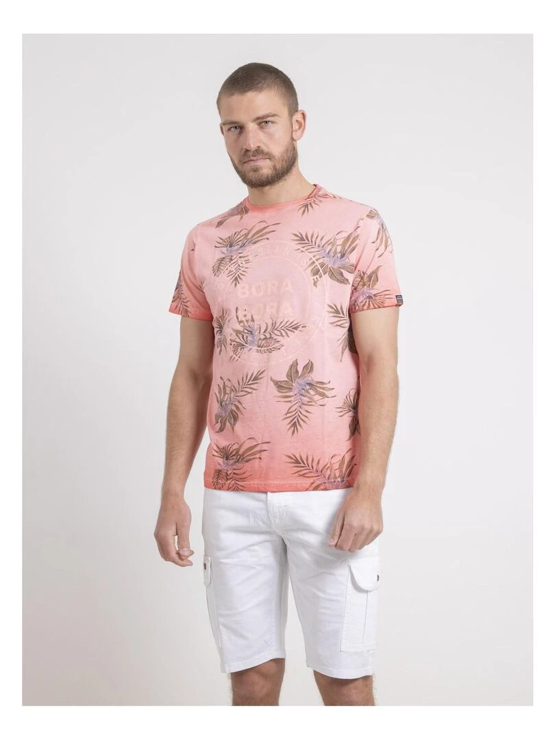 T shirt col rond pur coton motifs NULEMON Orange corail