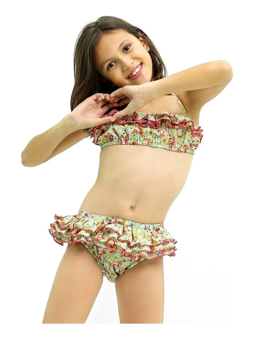 Maillot de Bain 2 Pièces Fille Volants Fleuri Liberty Vert SWAN 'LA FAUTE A VOLTAIRE' Vert anis