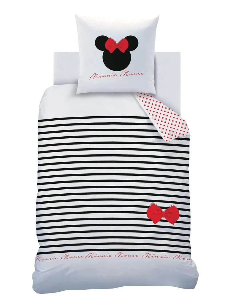 Parure de lit imprimée 100% coton  DISNEY HOME MINNIE STRIPES   Blanc Rouge