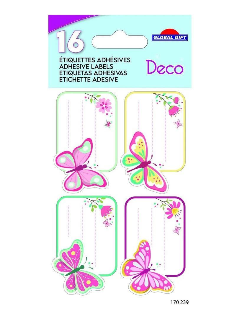 16 étiquettes adhésives scolaires Rectangle Illustrations de papillons N/A