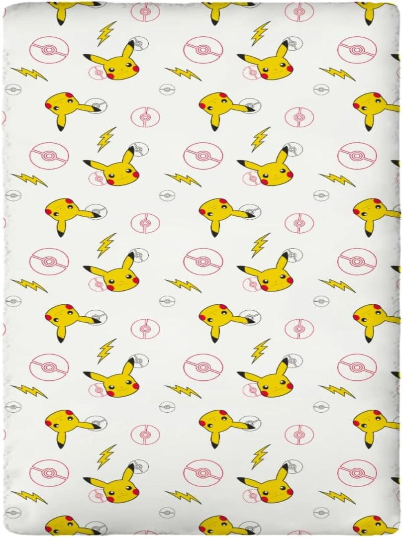 Drap Housse Pokémon Pikachu 90x190 cm 100% Coton Blanc Blanc