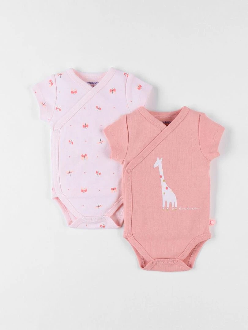 Set de 2 bodies girafe et papillons en coton blush/rose pâle Noukie's Rose