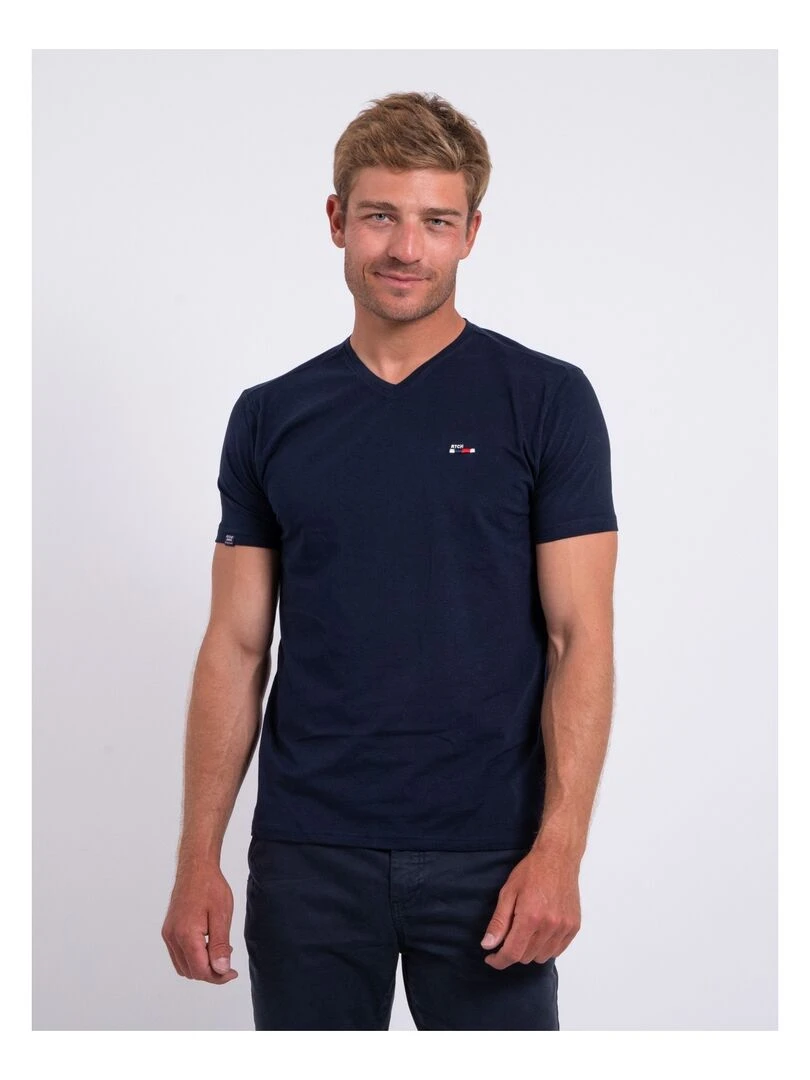 T shirt col V pur coton NERIJ Bleu marine