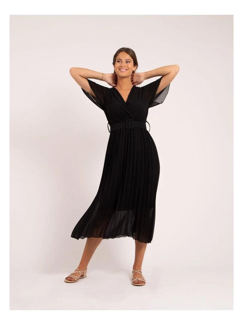 Robe midi plissée et ceinture ISALA   Noir