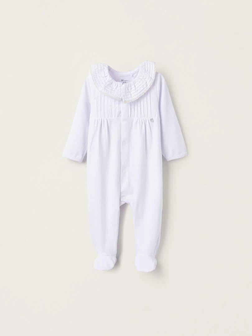 Grenouillère en Coton avec Volants et Dentelle pour Nouveau Née Blanc