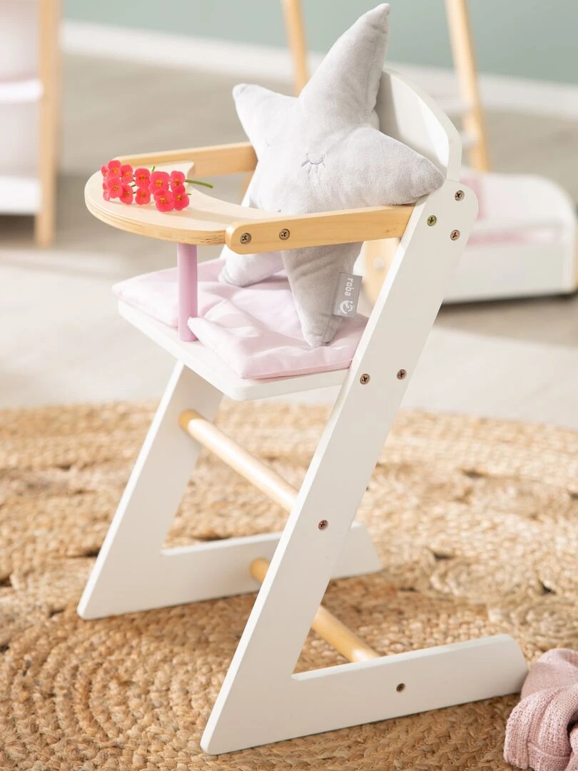 ROBA Chaise haute pour Poupée "Scarlett" en bois + Coussin Rose + Plateau Repas   Blanc/Naturel   N/A