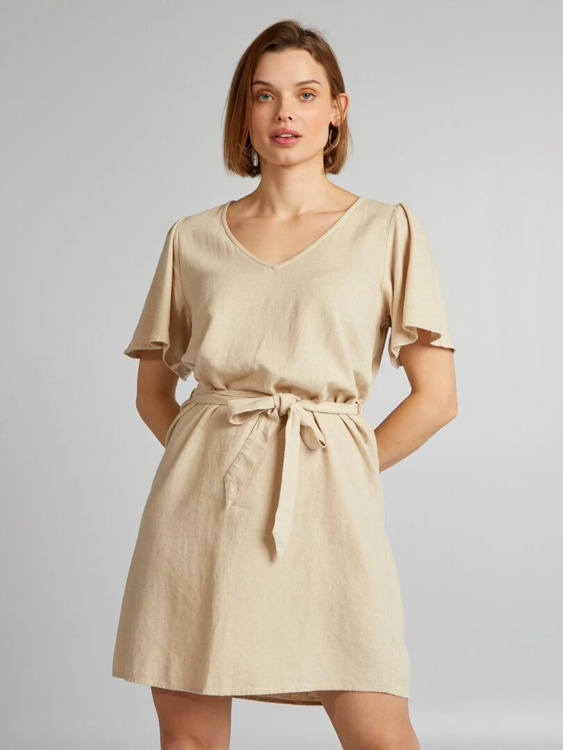 Robe ceinturée en lin 'JDY' Beige