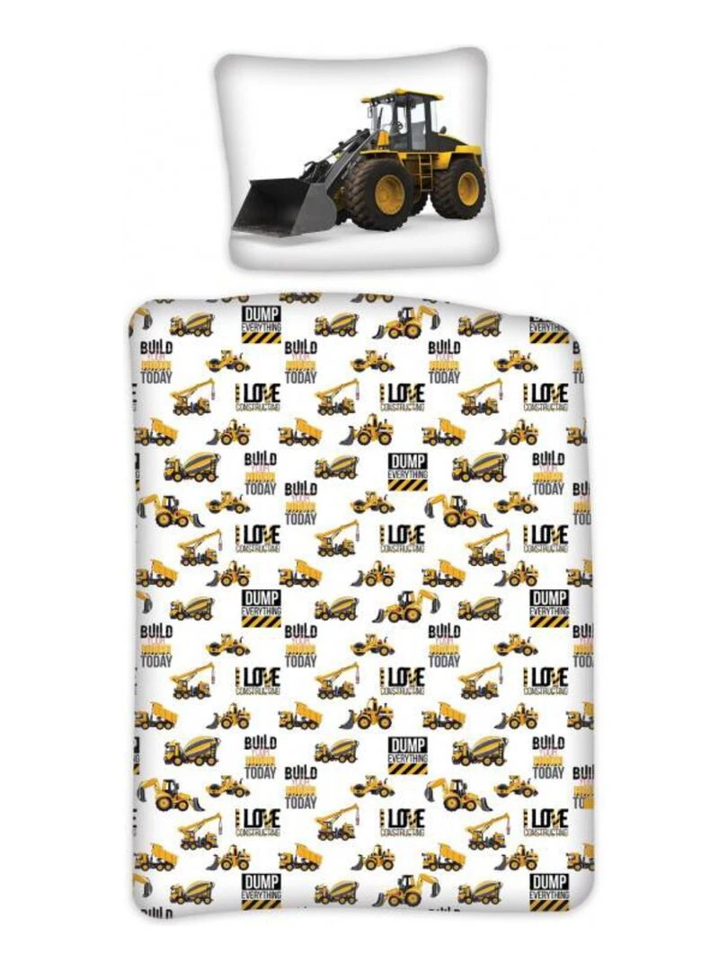 Parure de Lit Bébé Coton Réversible Pelleteuse Tracteur Blanc