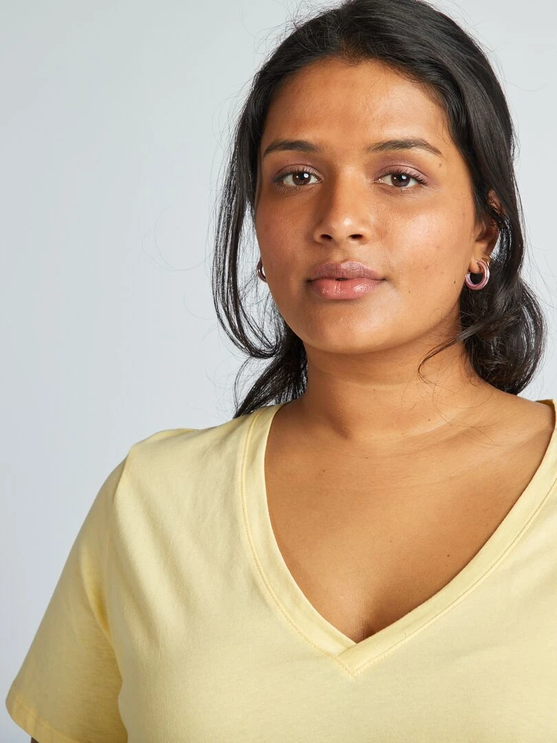 T shirt en jersey à col V   Jaune