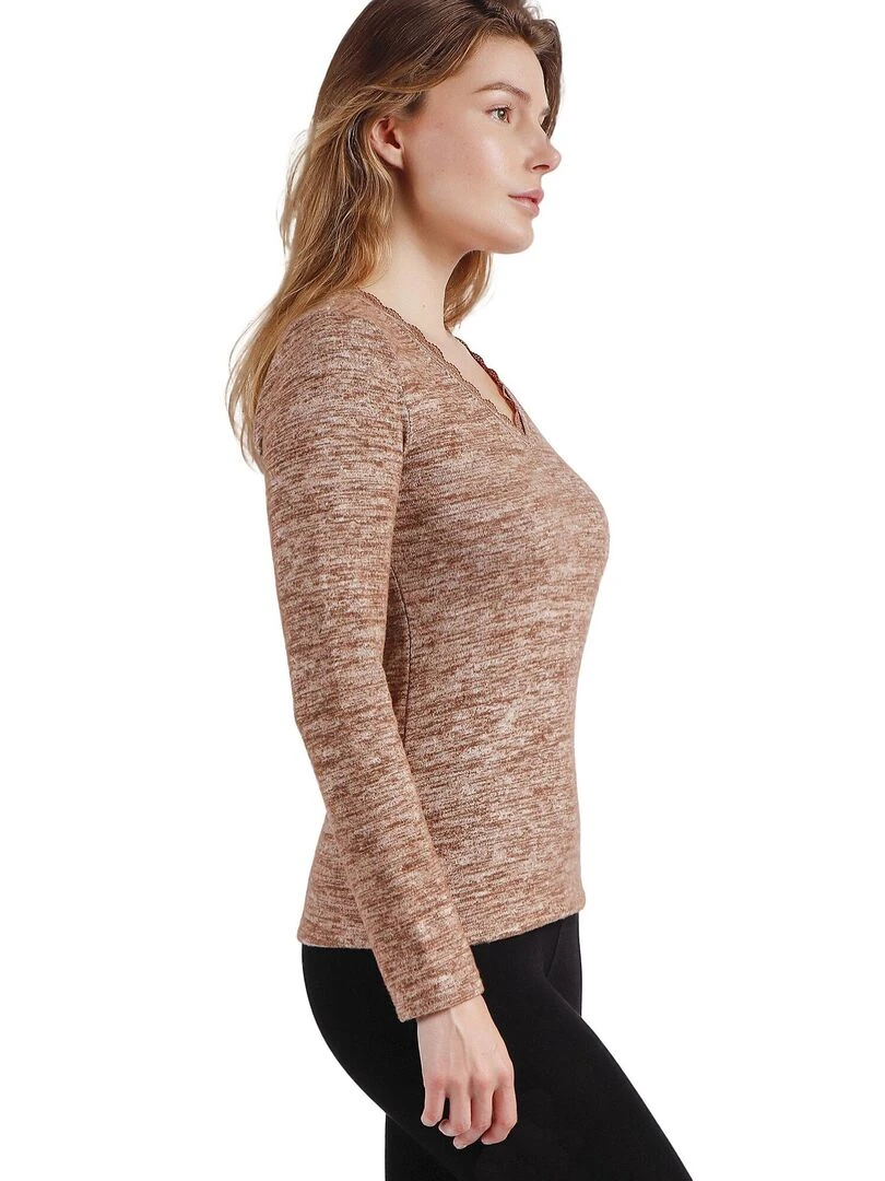 Top manches longues col V Puntilla   Beige