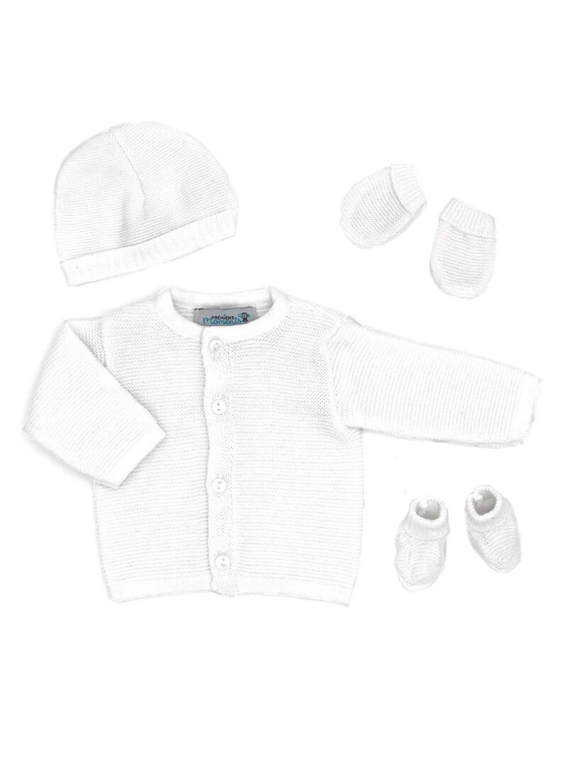 Ensemble tricoté 100% coton bio 1 à 3 mois Blanc