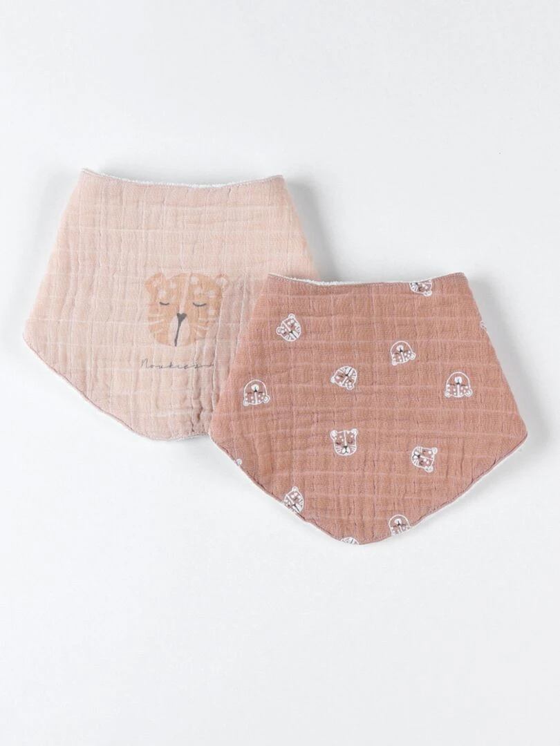 Set de 2 bavoirs bandana léopard en mousseline et éponge cappuccino/beige Marron