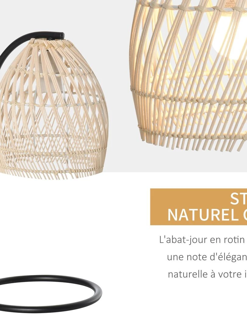 Lampe de table arquée style néo rétro rotin naturel métal noir   Beige