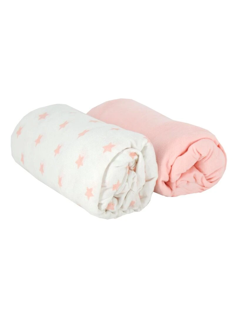 Lot de 2 draps housse en coton 60x120 cm   Rose + Imprimé étoiles   Rose pâle