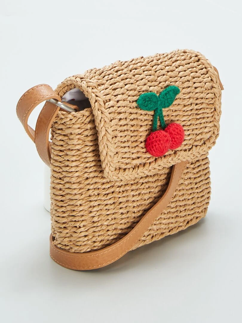 Sac en paille à imprimé cerise Beige