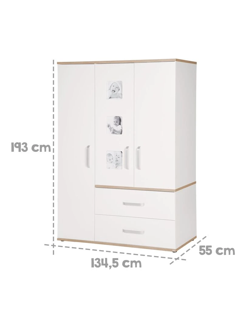 ROBA Armoire "Pia" 3 portes – avec 3 cadres d'images – blanc / chêne   Blanc