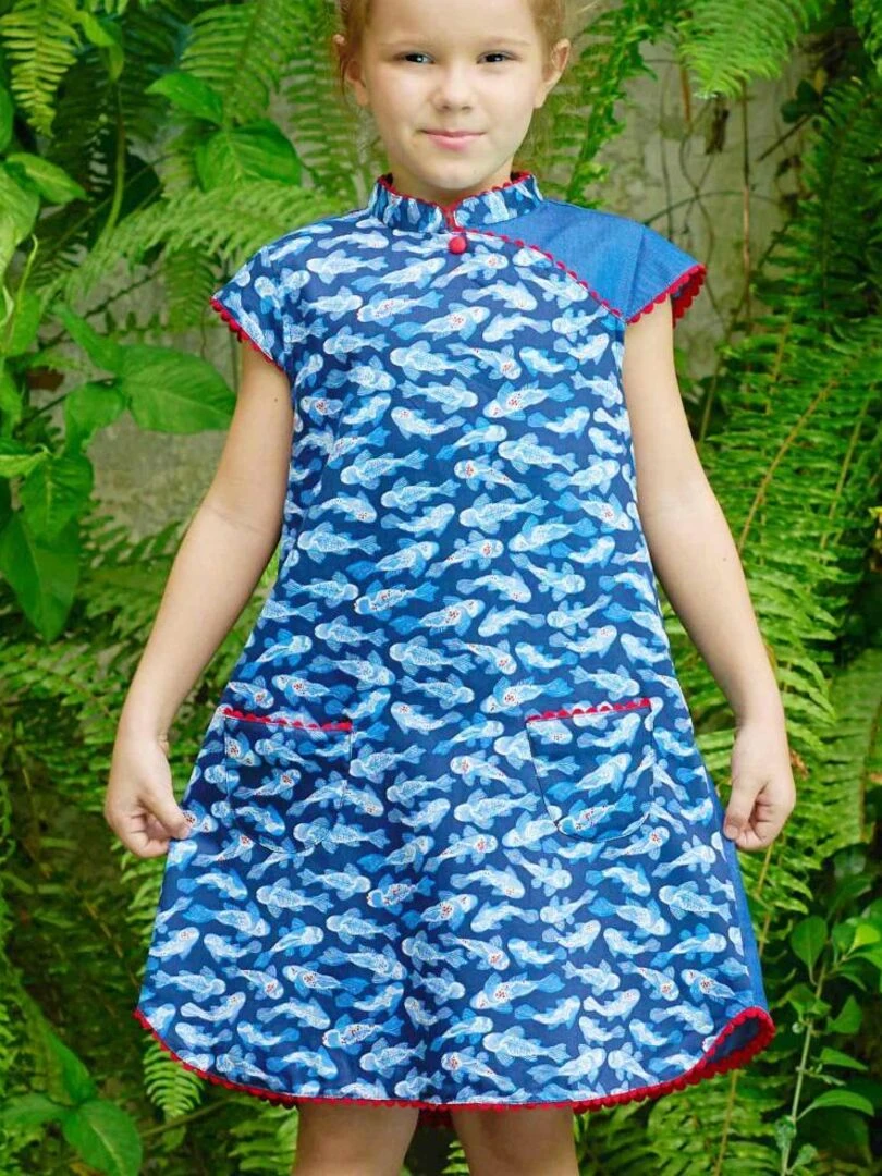 Robe Chinoise Fille Poisson Koï Bleu col Mao ANNAM 'LA FAUTE A VOLTAIRE' Bleu