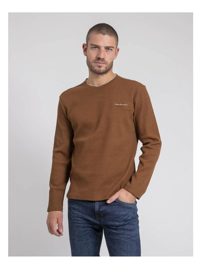 T shirt manches longues col rond texturé JOVICTOR Marron caramel
