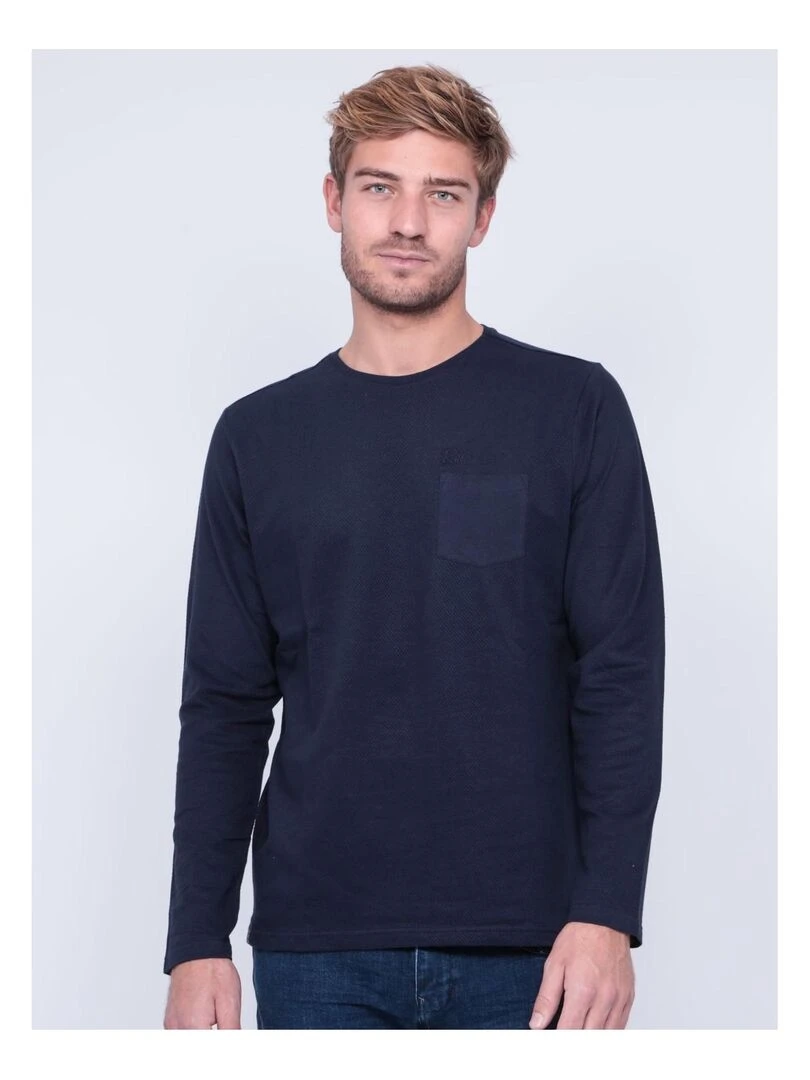 T shirt manches longues col rond pur coton JARGOTTE Bleu marine