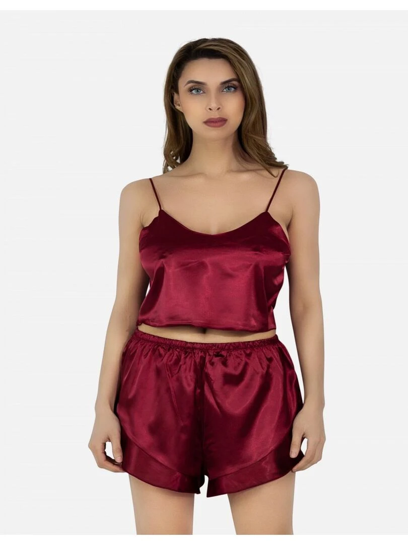 Ensemble Pyjashort fluide en satin Kebello Bordeaux