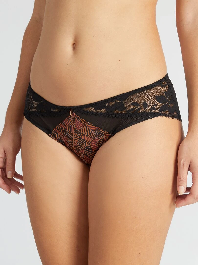 Shorty en microfibre et dentelle 'Envie de lingerie'   Camel/noir