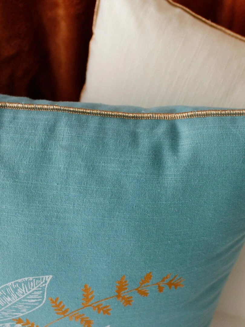 Coussin bourdonné et fleurs aquarellées Bleu azur