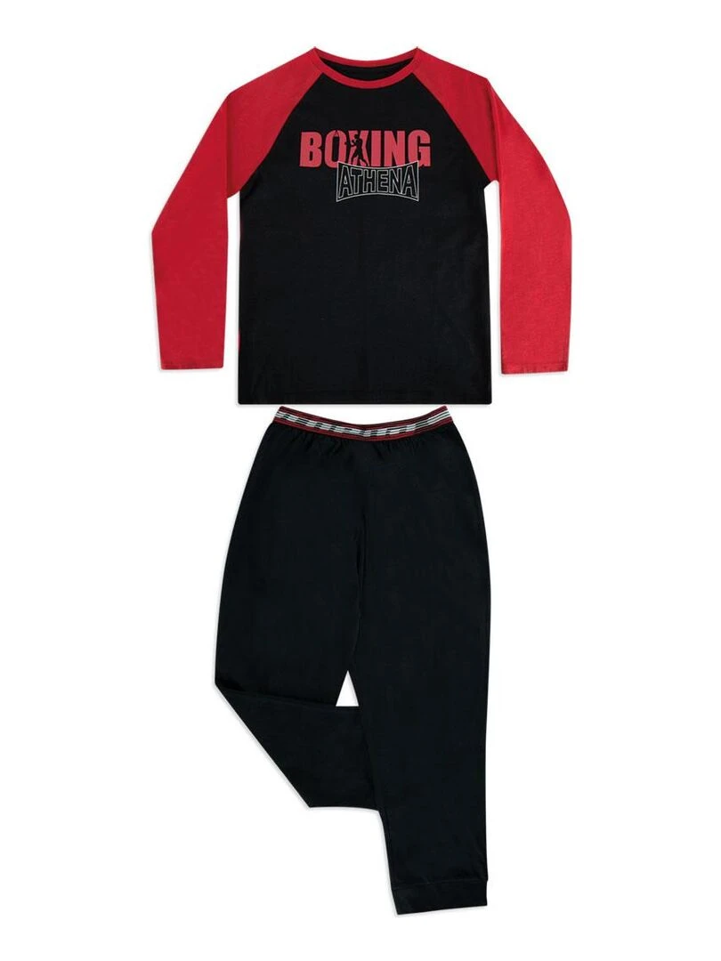 Pyjama long col rond garçon Boxing Noir Rouge