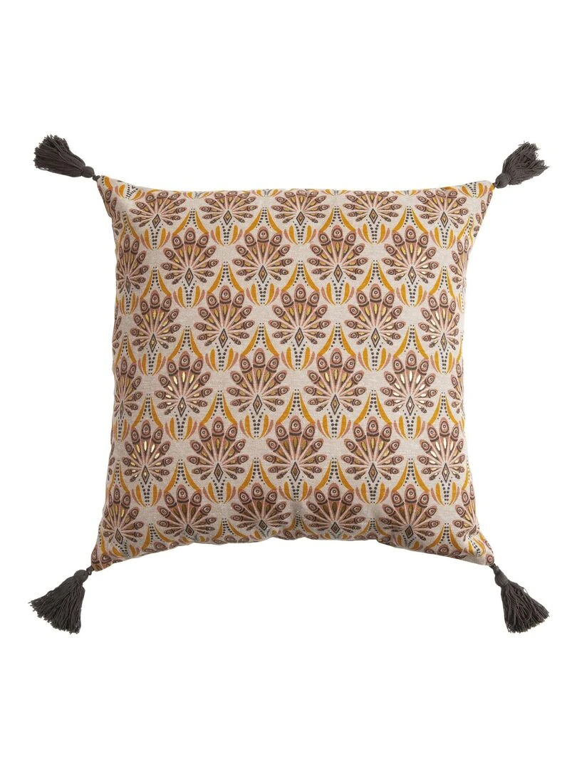 Coussin en coton et à pompons PEACOCK 'Deko&co' Blanc Marron