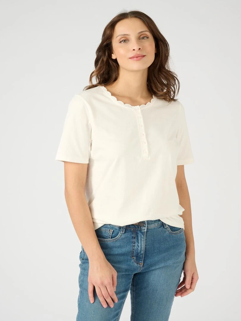 Tee shirt col rond fantaisie en pur coton. Damart Blanc cassé