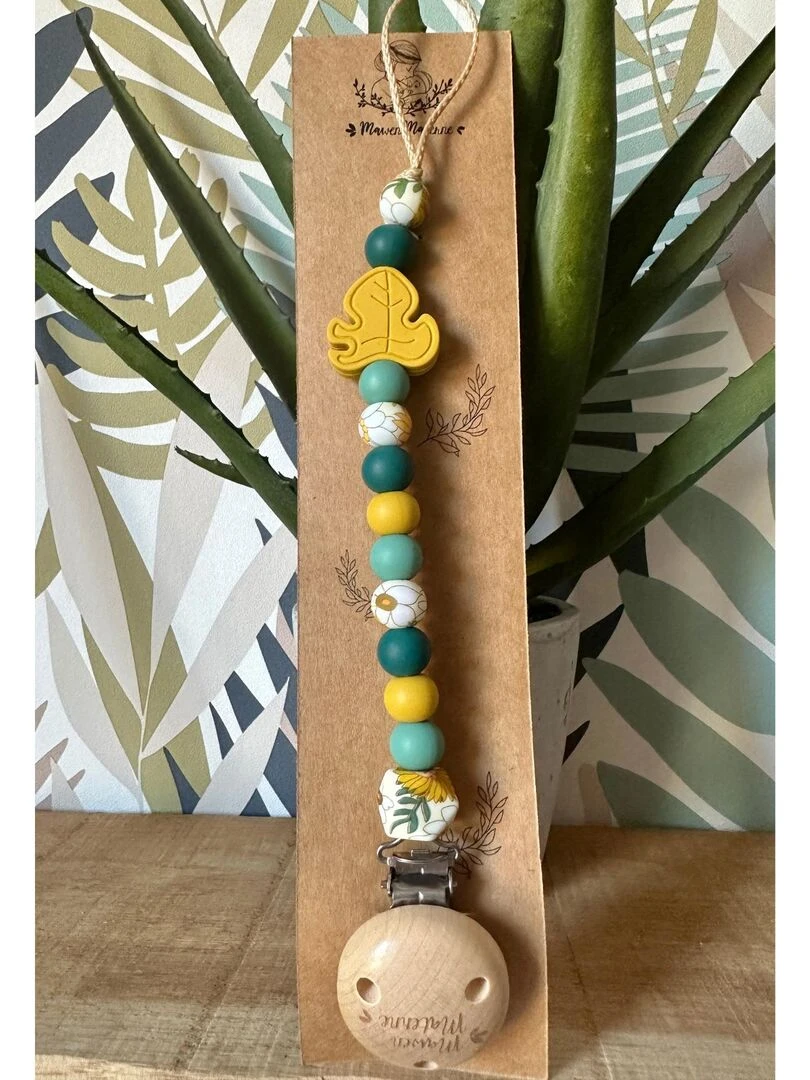 Attache tétine bois et silicone 'Feuille Fleurs des champs'   Vert