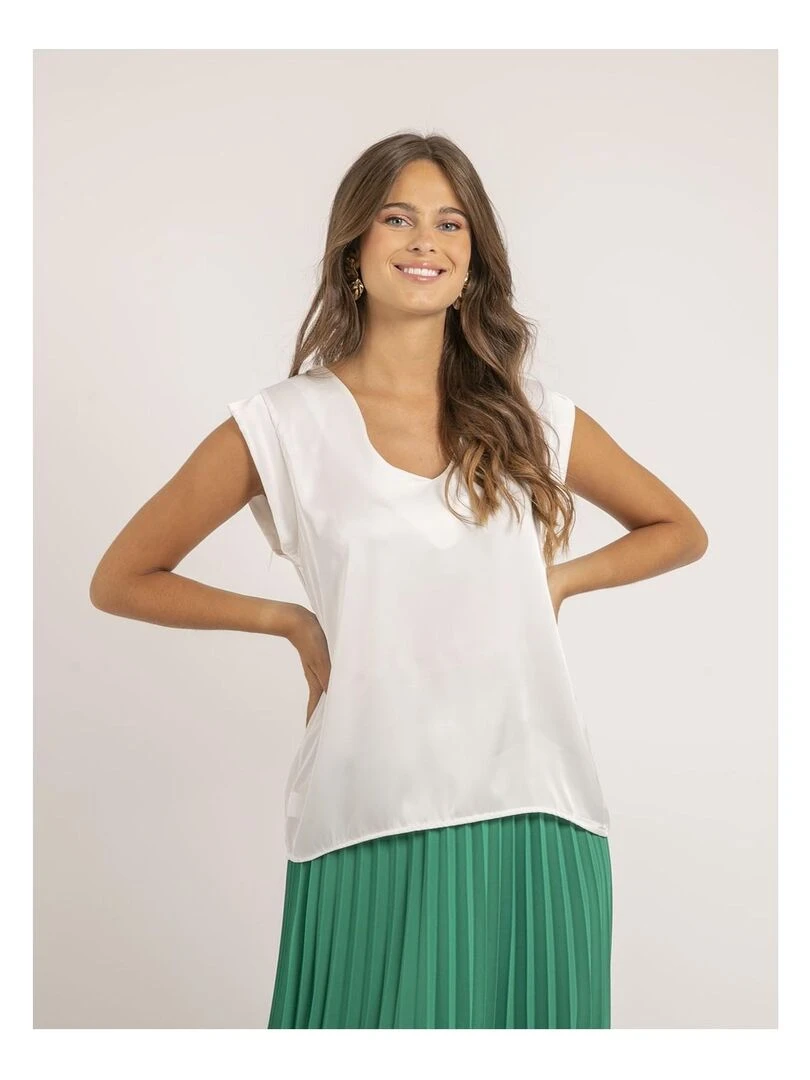 Top col V satin FIKA Blanc