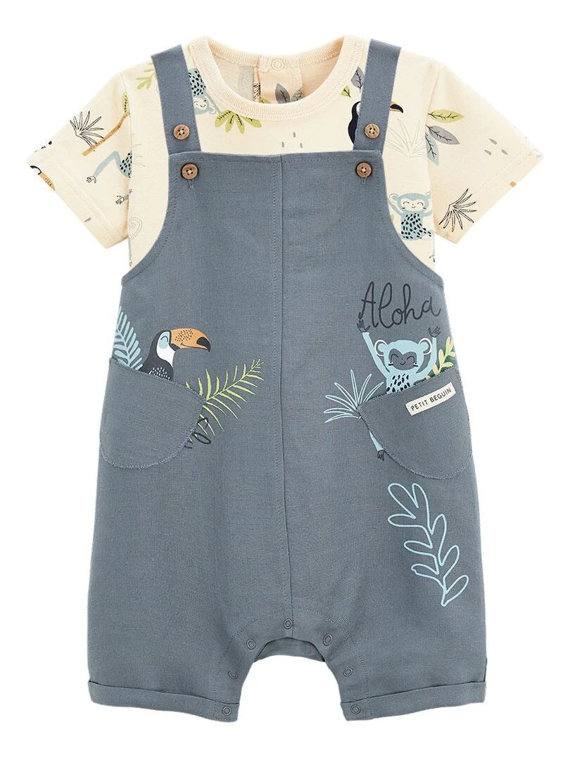 Ensemble salopette bébé en lin et t shirt Aloha Havana Bleu