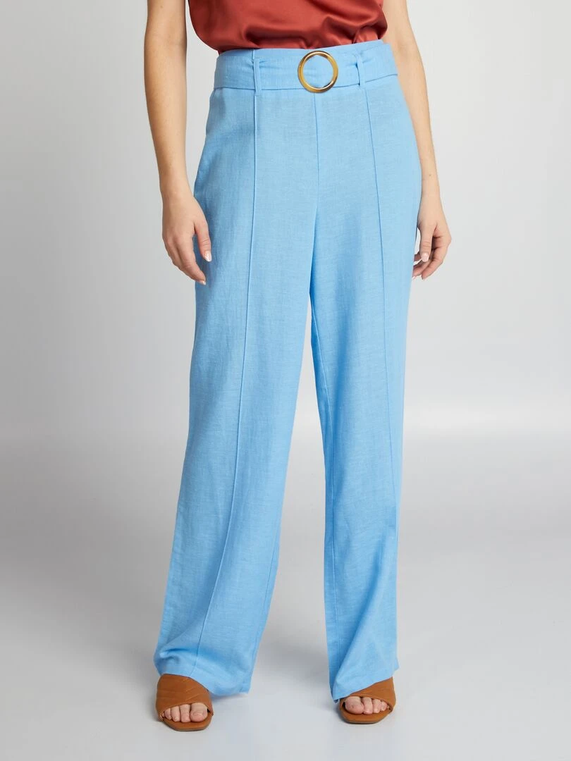 Pantalon large taille haute en lin Bleu