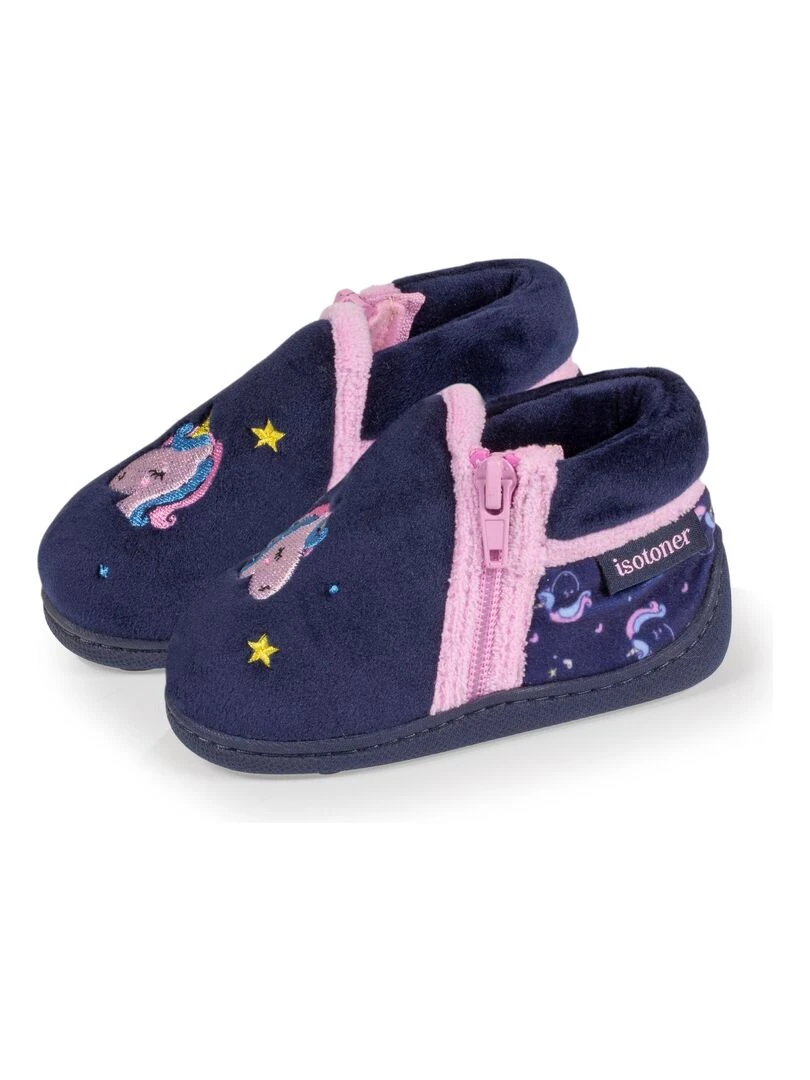 Chaussons bottillons zip Bébé Licorne Bleu marine