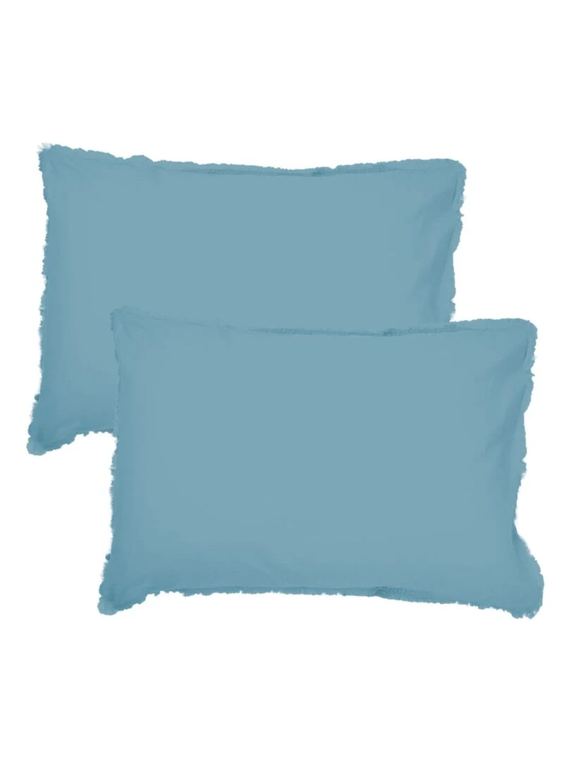 Set de 2 taies d’oreiller unies à franges  COTON LAVÉ   Bleu ciel