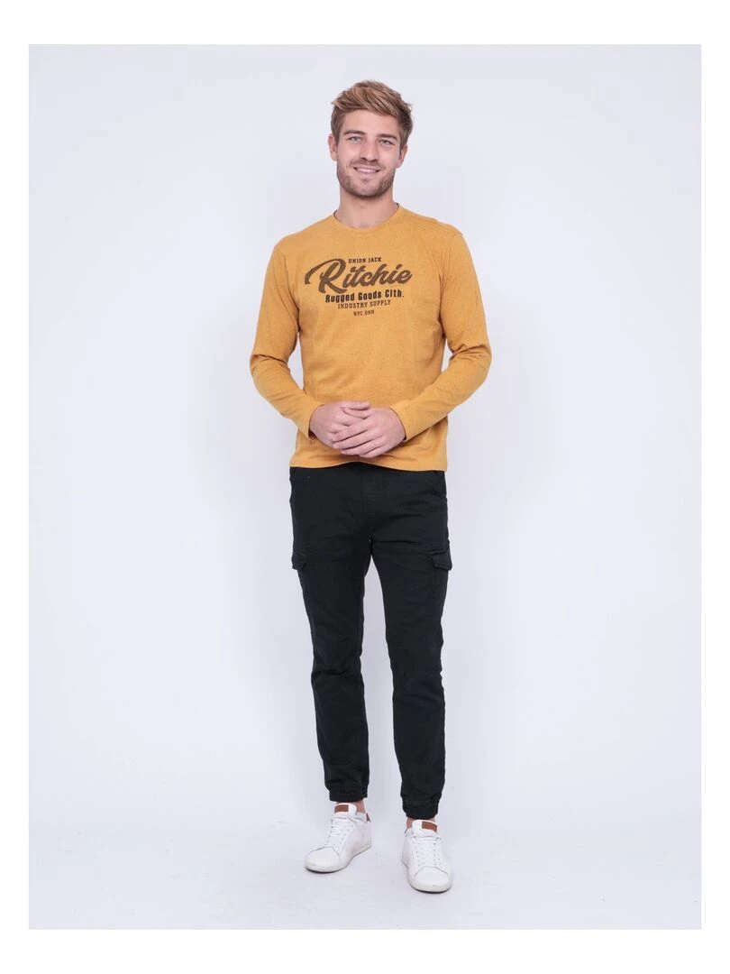 T shirt manches longues col rond pur coton JUPORTAL   Moutarde