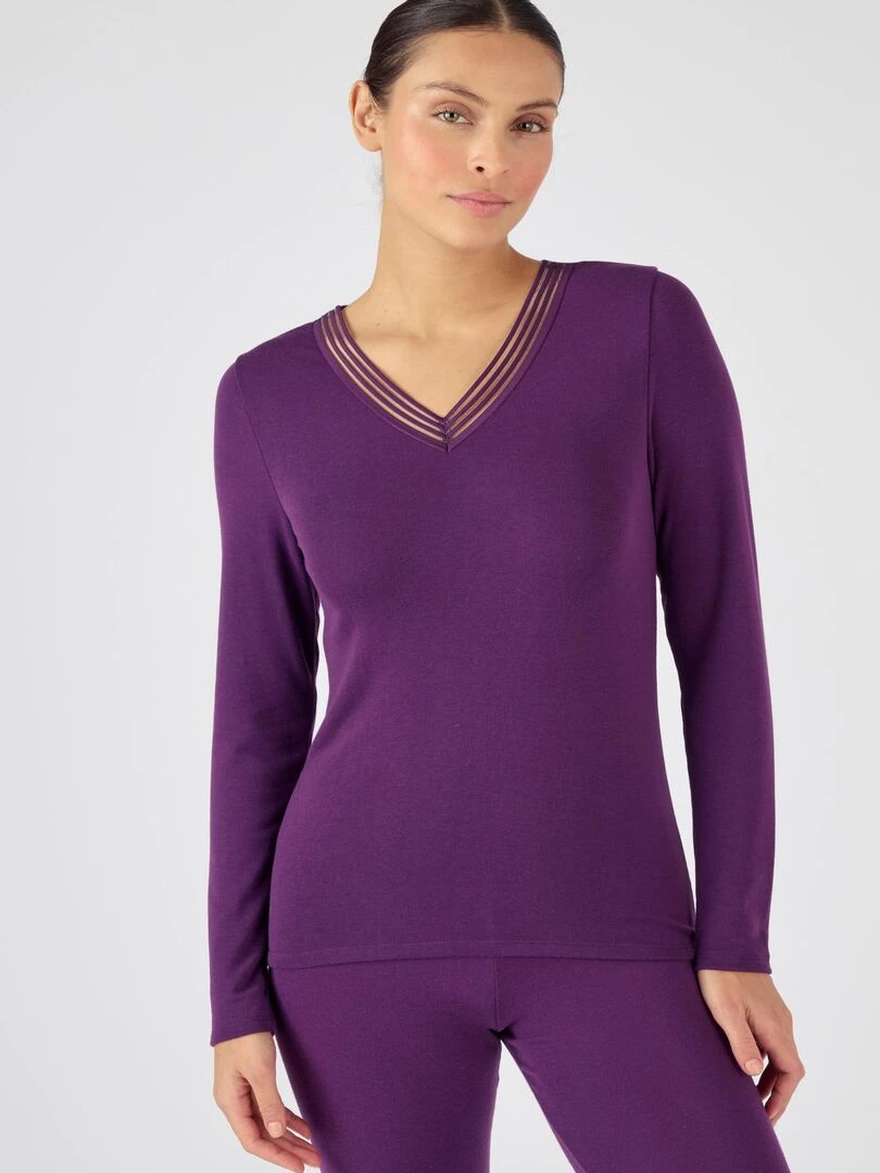 T shirt fine côte Thermolactyl Sensitive  col V fantaisie   Damart   Violet foncé
