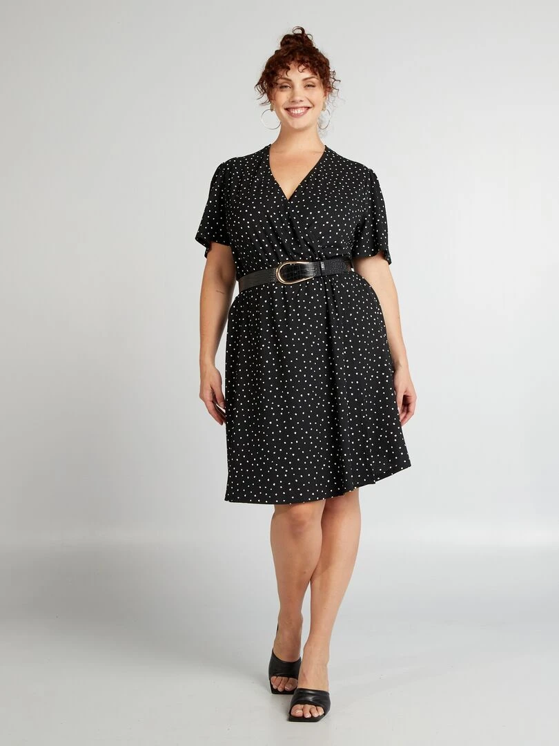 Robe portefeuille crêpée à motif Noir 'pois'